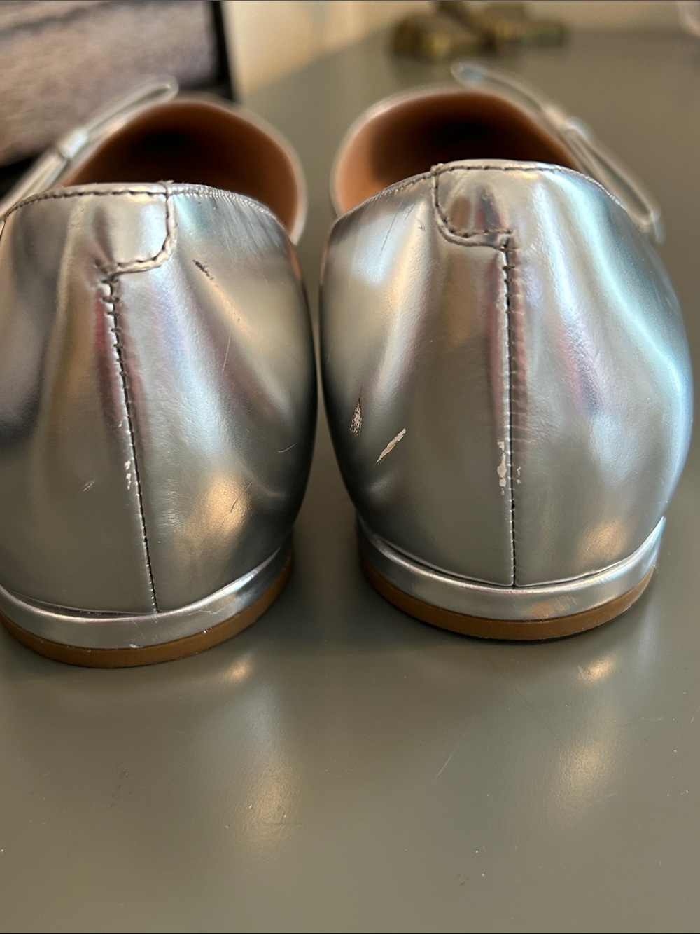 Cole Haan Metallic Silver Pointed-Toe Bow Flats. - Picture 6 of 12